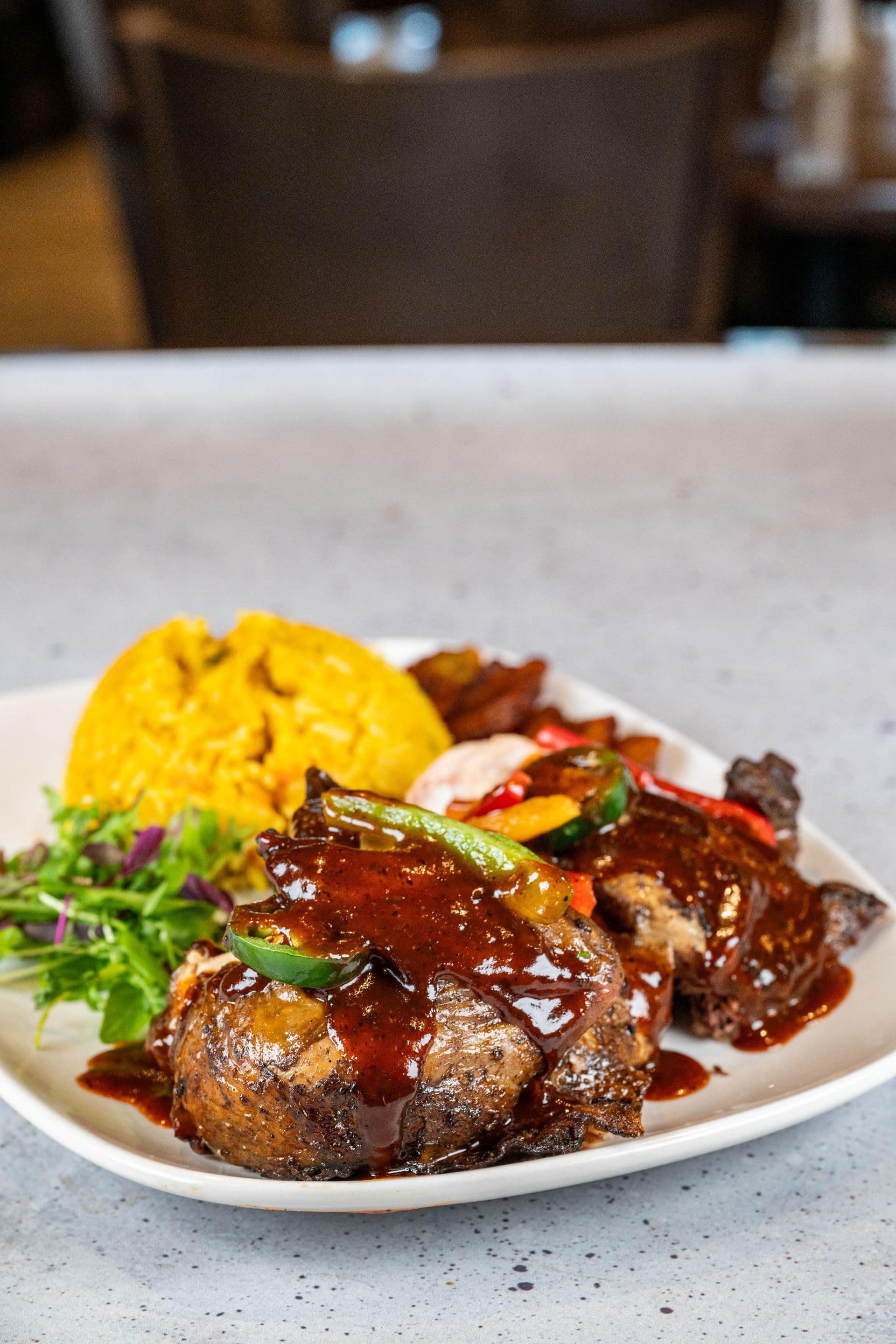 Jerk chicken with yellow rice from the BB's kitchen