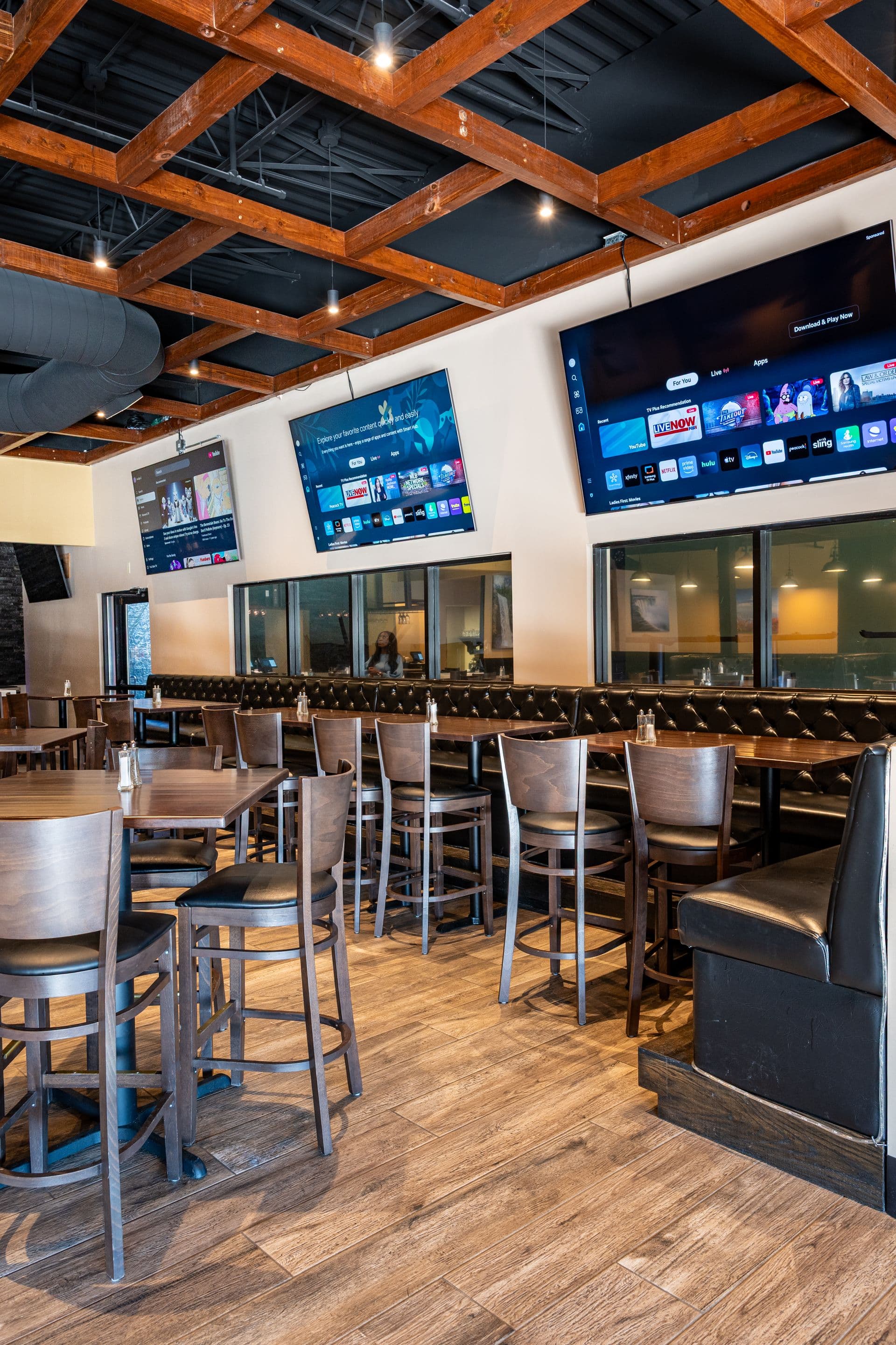 Restaurant Lounge bar seating under wood-beam ceilings at BB's